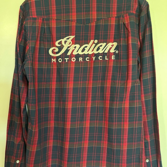 Indian Motorcycle Plaid Cotton Embroidered Western Pearl Snap Shirt M - Picture 6 of 13